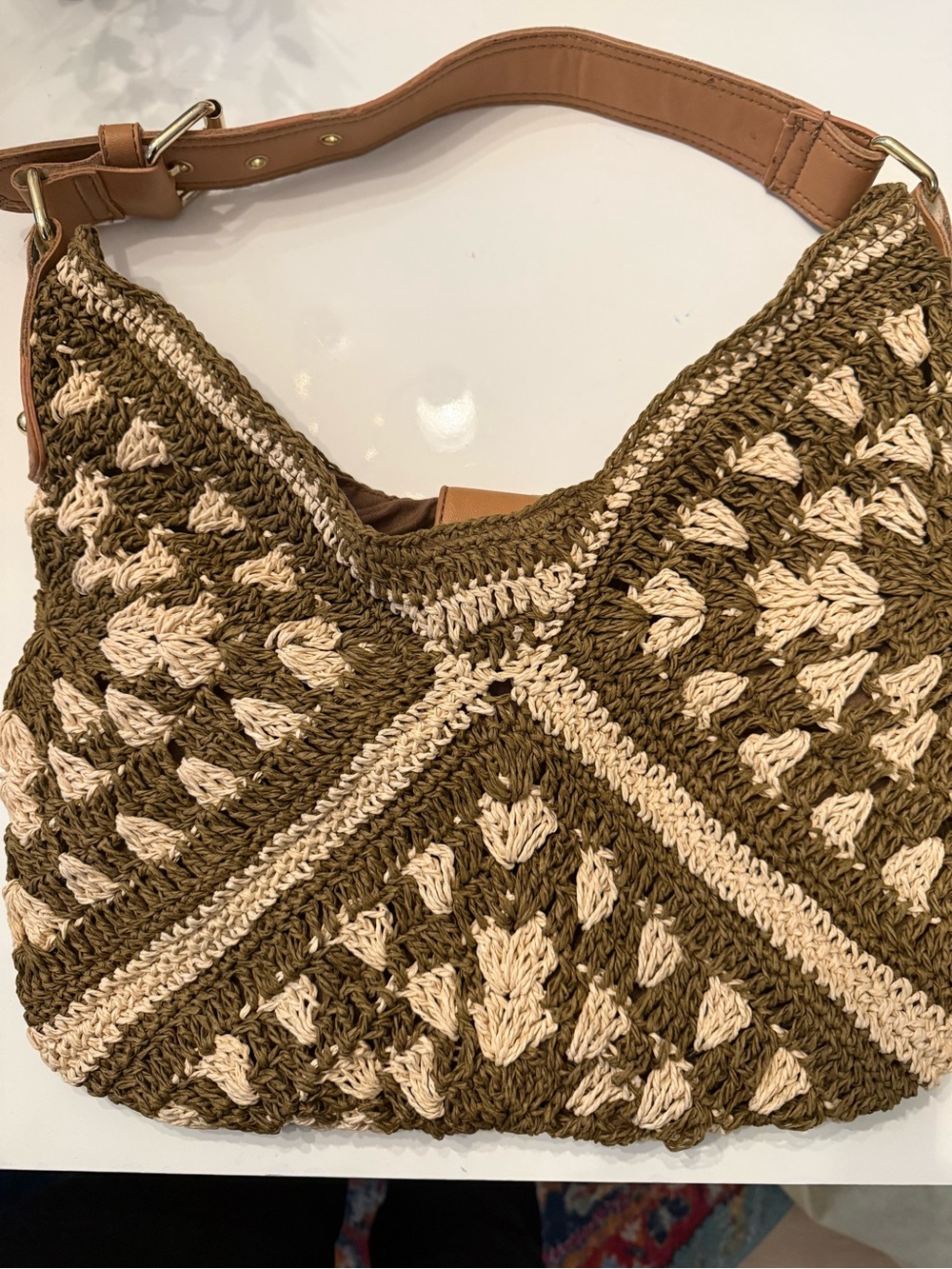 Franco Sarto Olive /brown& Cream Crochet Shoulder Bag with Tan Trim